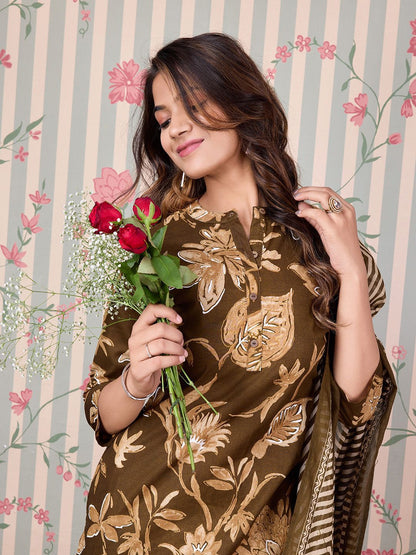 Dhiyona OD  Floral Printed Regular Pure Cotton Kurta with Trousers & Dupatta