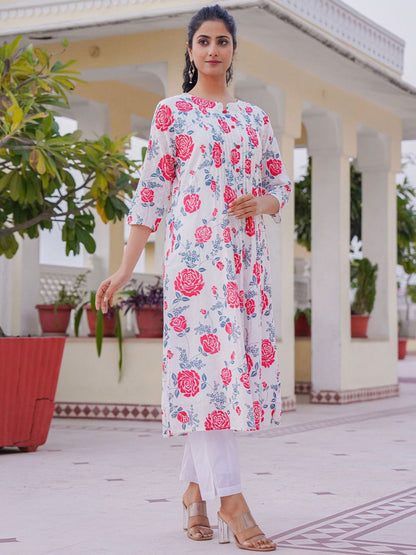 Floral Printed A-Line Pure Cotton Kurta With Trousers