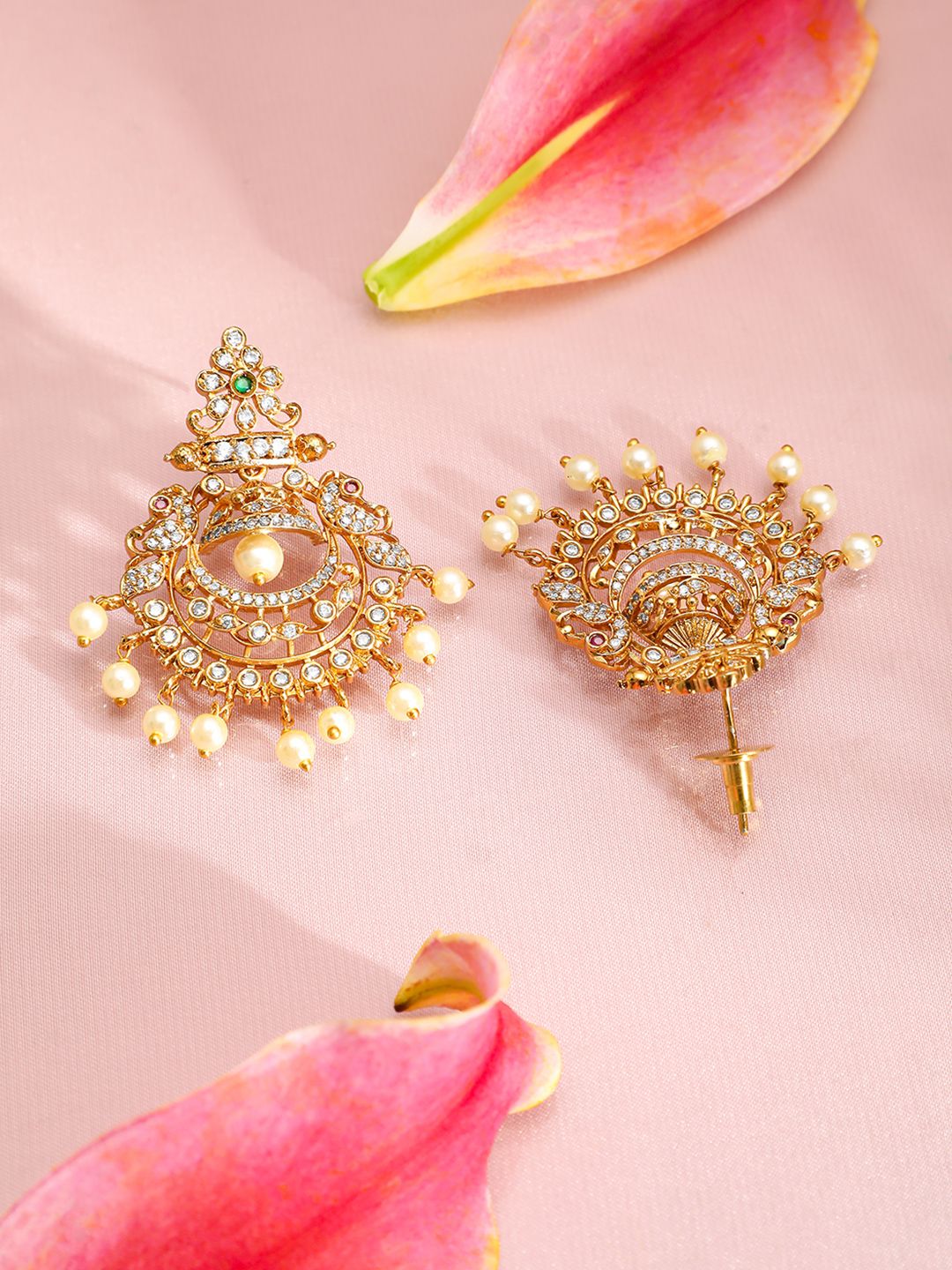 Dhiyona RJ Women's 18K Gold-Plated Emerald & Cubic Zirconia Studded Chandbali Earrings with Pearl Drop