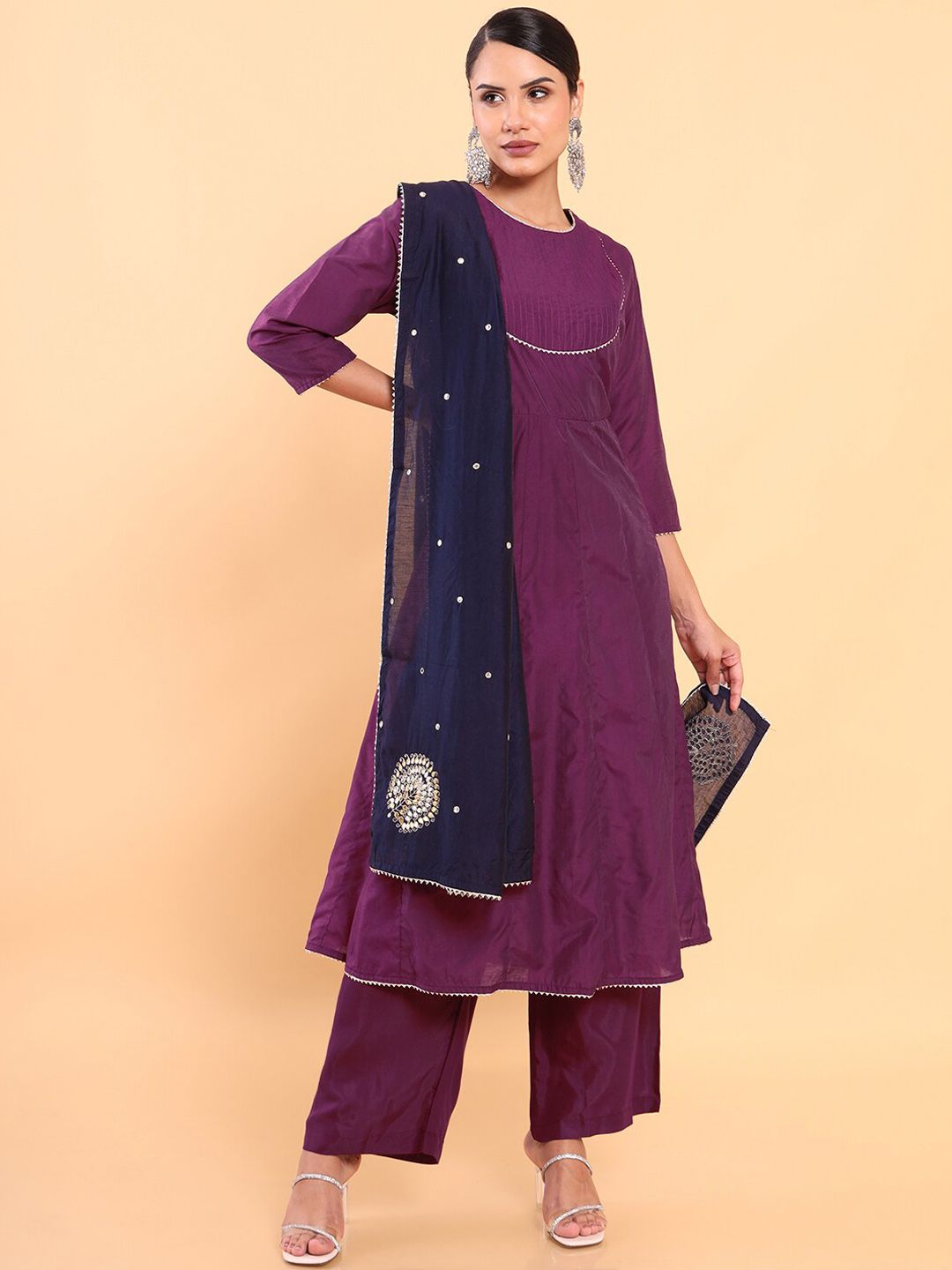 Dhiyona SO Women's Women Purple Chanderi Silk Kurta with Palazzos & With Dupatta