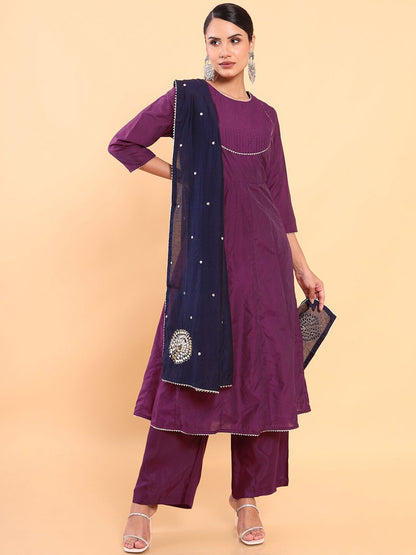 Dhiyona SO Women's Women Purple Chanderi Silk Kurta with Palazzos & With Dupatta