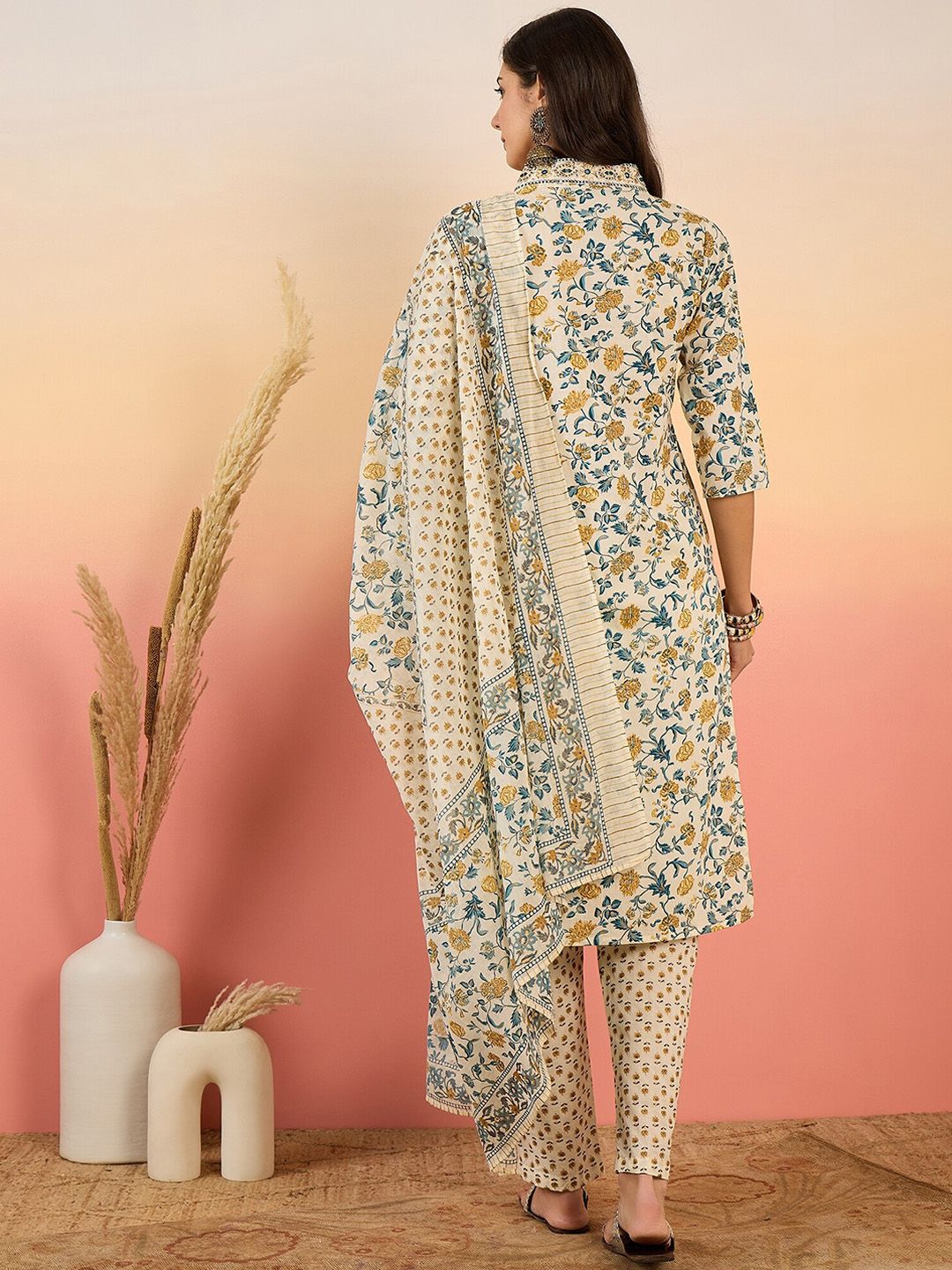 Dhiyona SN Women's Floral Printed Pure Cotton V Neck Kurta With Trousers & Dupatta