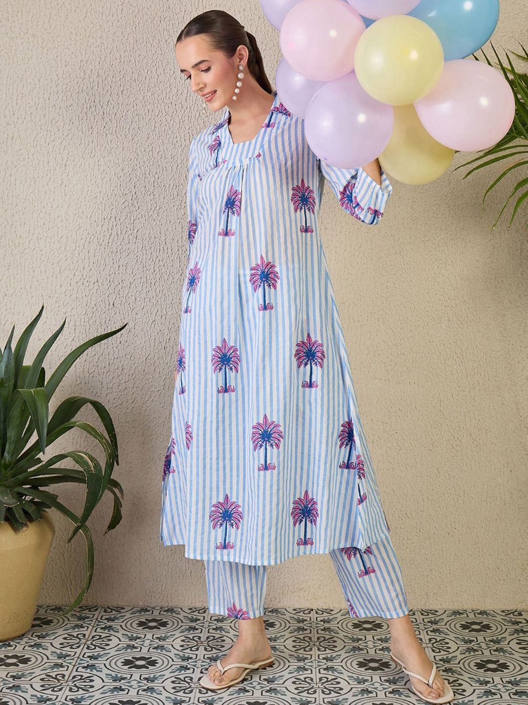Dhiyona IE Women's Women Striped Printed Pure Cotton A-Line Kurta with Trousers