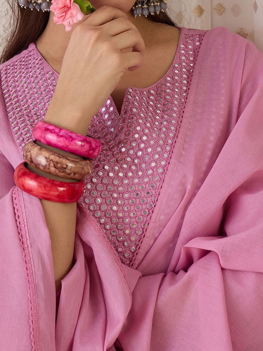 Dhiyona IE Women Yoke Design Embroidered Cotton Kurta with Trousers & Dupatta