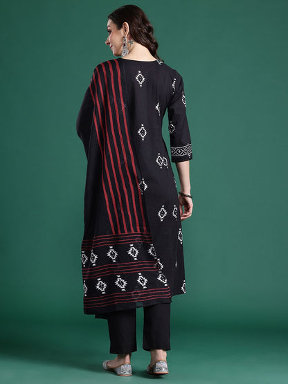Dhiyona IE Ethnic Motifs Printed Thread Work Pure Cotton Kurta With Trousers & Dupatta