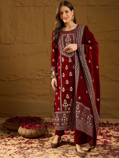 Dhiyona PD Women Embroidered Velvet Straight Kurta With Trousers And Dupatta
