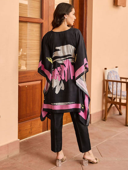 Dhiyona WP Abstract Printed Round Neck Beads and Stones Kaftan Kurta With Trousers
