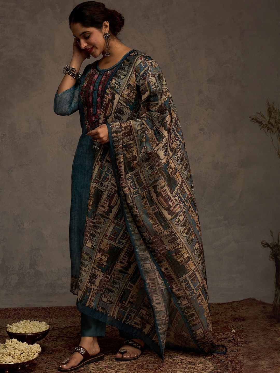Ethnic Motifs Embroidered Chanderi Cotton Kurta & Trousers With Dupatta