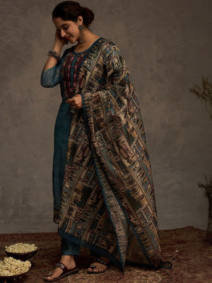 Ethnic Motifs Embroidered Chanderi Cotton Kurta & Trousers With Dupatta