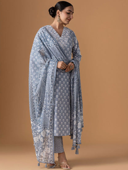 Dhiyona WP Women Floral Printed Cotton Kurta with Trousers & Dupatta