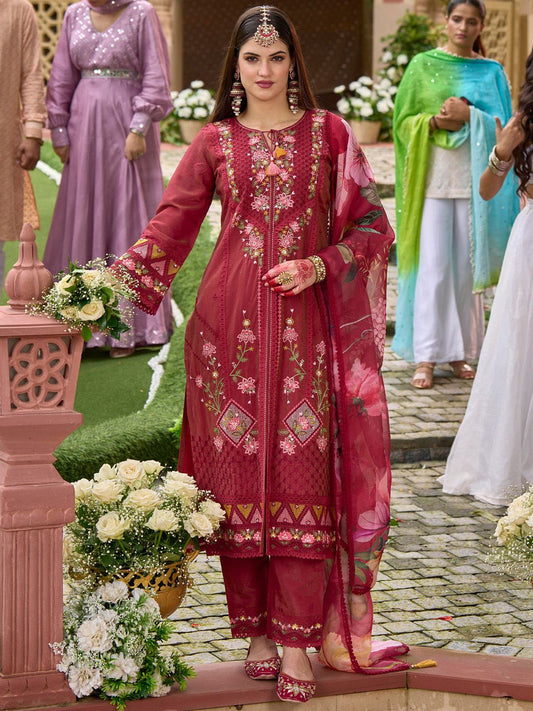 Women Floral Embroidered Regular Thread Work Kurta with Trousers & With Dupatta