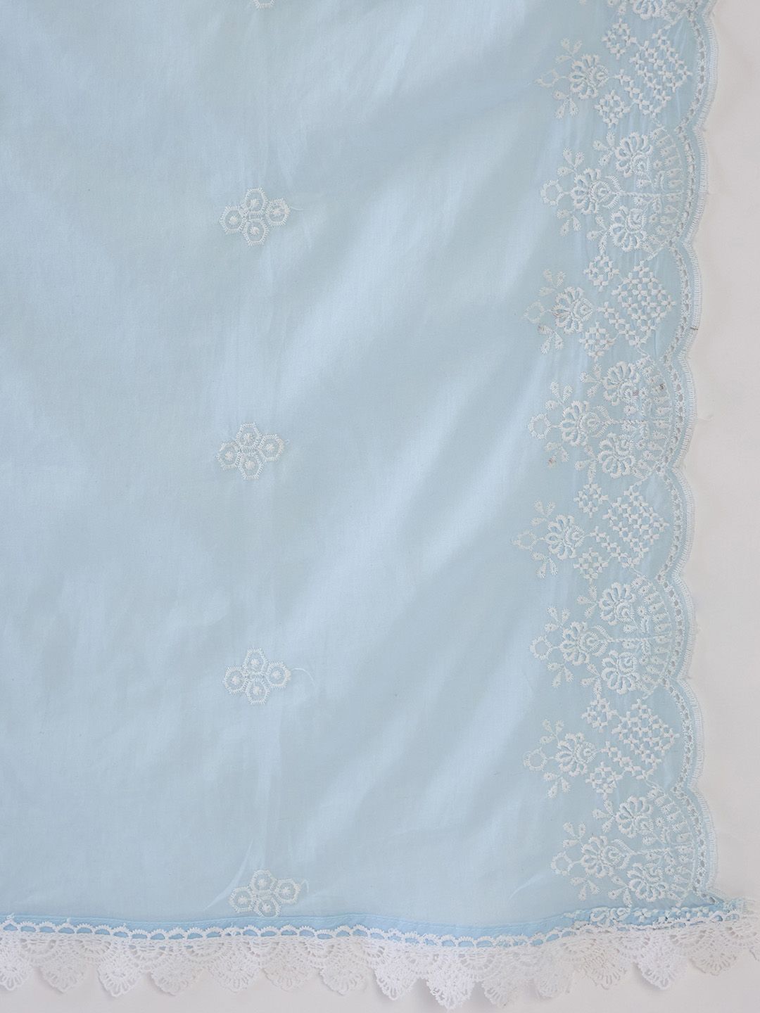 Blue Floral Embroidered Thread Work Pure Cotton Kurta With Trousers & Dupatta