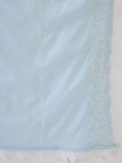 Blue Floral Embroidered Thread Work Pure Cotton Kurta With Trousers & Dupatta