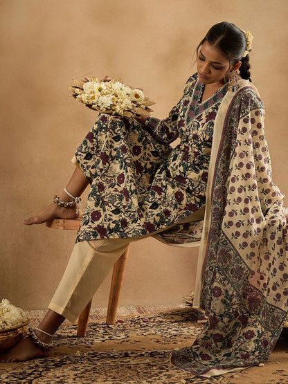 Dhiyona IE Floral Printed V-Neck Pure Cotton Straight Kurta With Trousers & Dupatta