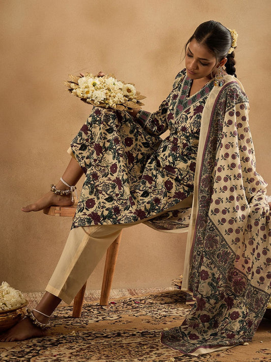 Dhiyona IE Floral Printed V-Neck Pure Cotton Straight Kurta With Trousers & Dupatta