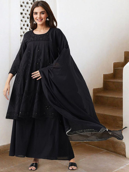 Dhiyona IS Women's Ethnic Motifs Embroidered Pure Cotton A-Line Kurta With Palazzo & Dupatta