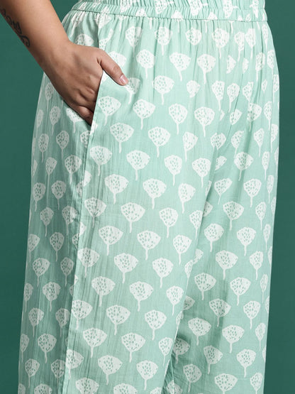 Plus Size Floral Embroidered Mirror Work Pure Cotton Kurta Set