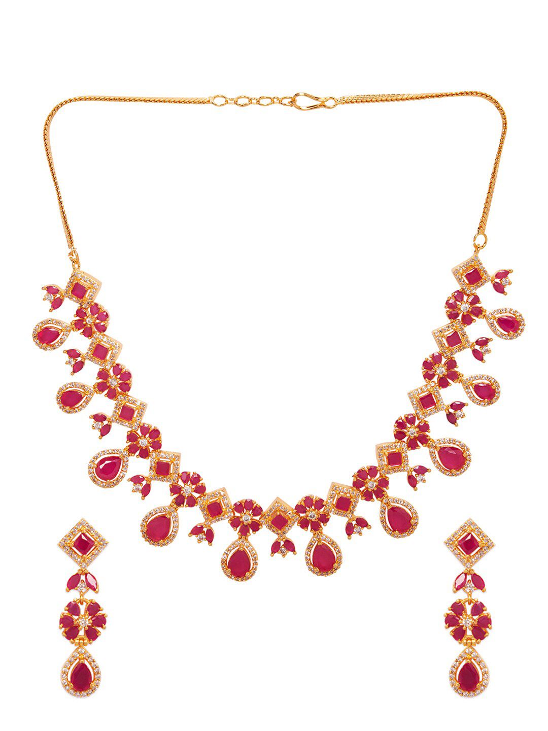 Dhiyona RJ Women's 22K Gold-Plated Ruby Pink & White Cubic Zirconia Studded Floral Drop Necklace Set
