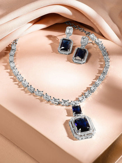 Dhiyona RJ Women's Rhodium-Plated Dark Blue Sapphire & White Cubic Zirconia Premium Jewellery Set