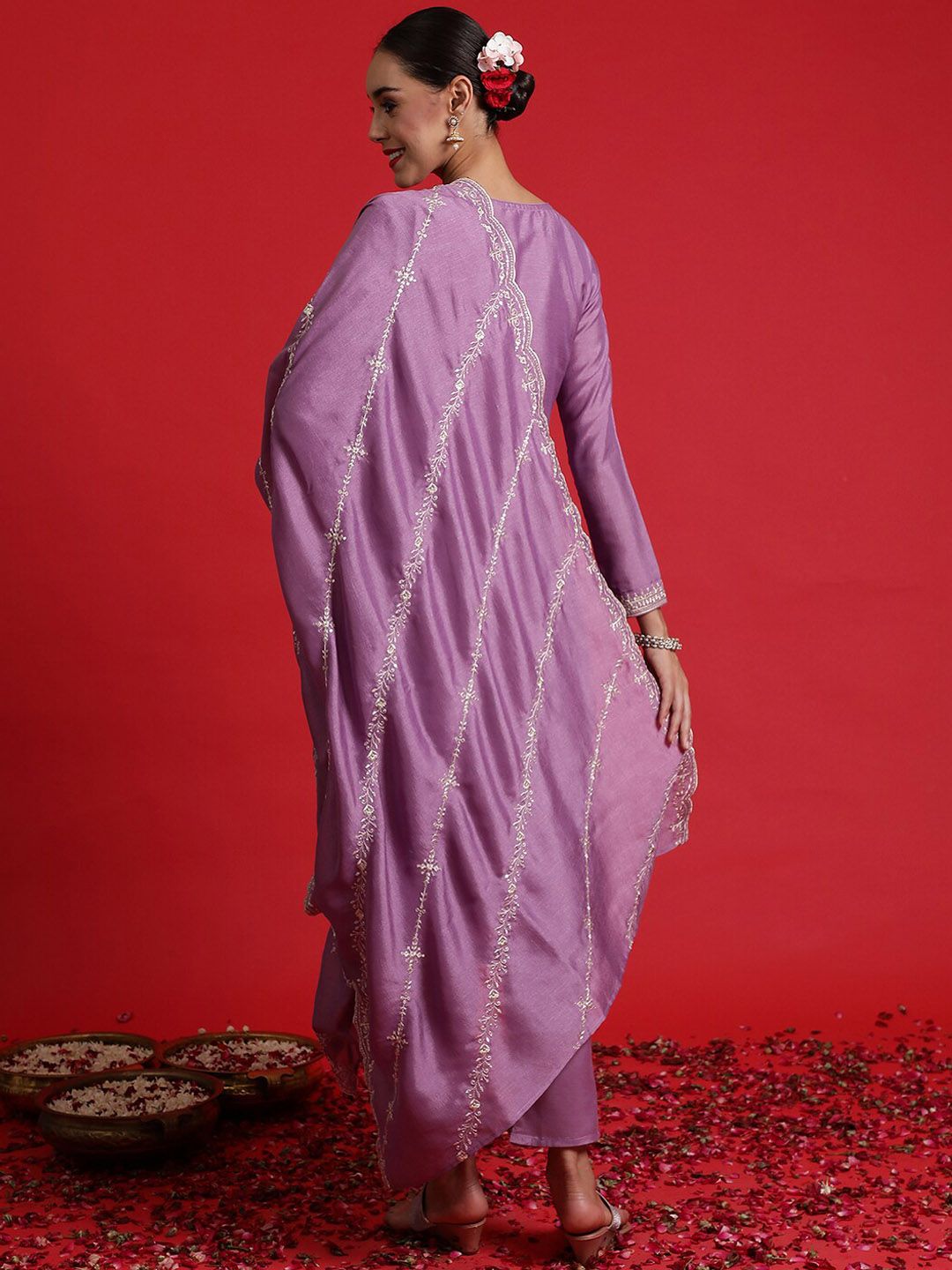 Floral Embroidered Sequinned Kurta With Trousers & Dupatta