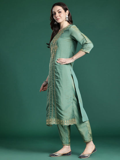 Dhiyona IE Ethnic Motifs Embroidered Gotta Patti Kurta with Trousers & Dupatta