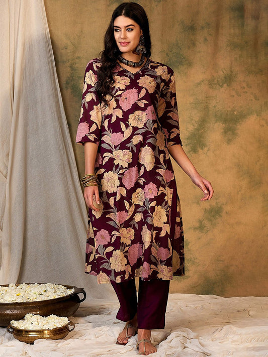 Dhiyona IE Floral Printed V-Neck Cotton Straight Kurta