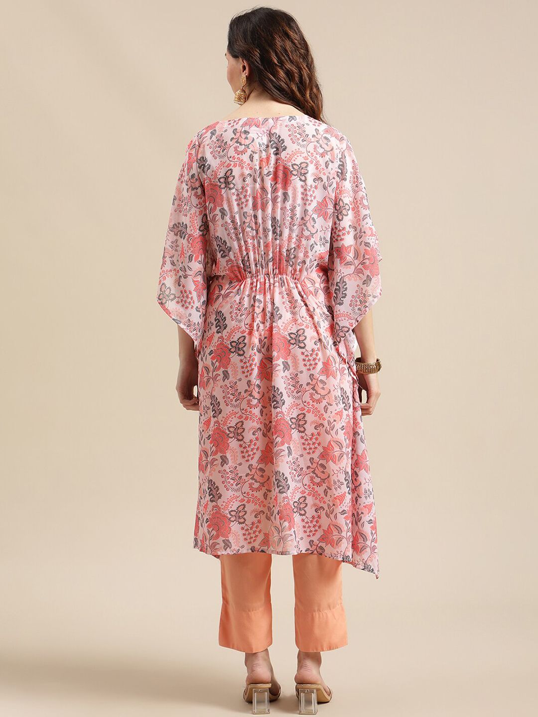 Dhiyona VA Women's Peach-Coloured Ethnic Motifs Printed Kaftan Kurta with Trousers