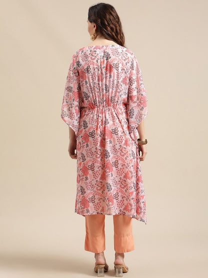 Dhiyona VA Women's Peach-Coloured Ethnic Motifs Printed Kaftan Kurta with Trousers