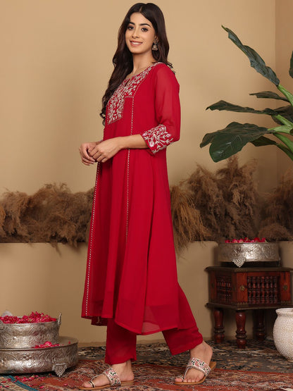 Dhiyona VA Women's Floral Embroidered Silk Georgette A-Line Kurta with Trousers & Dupatta