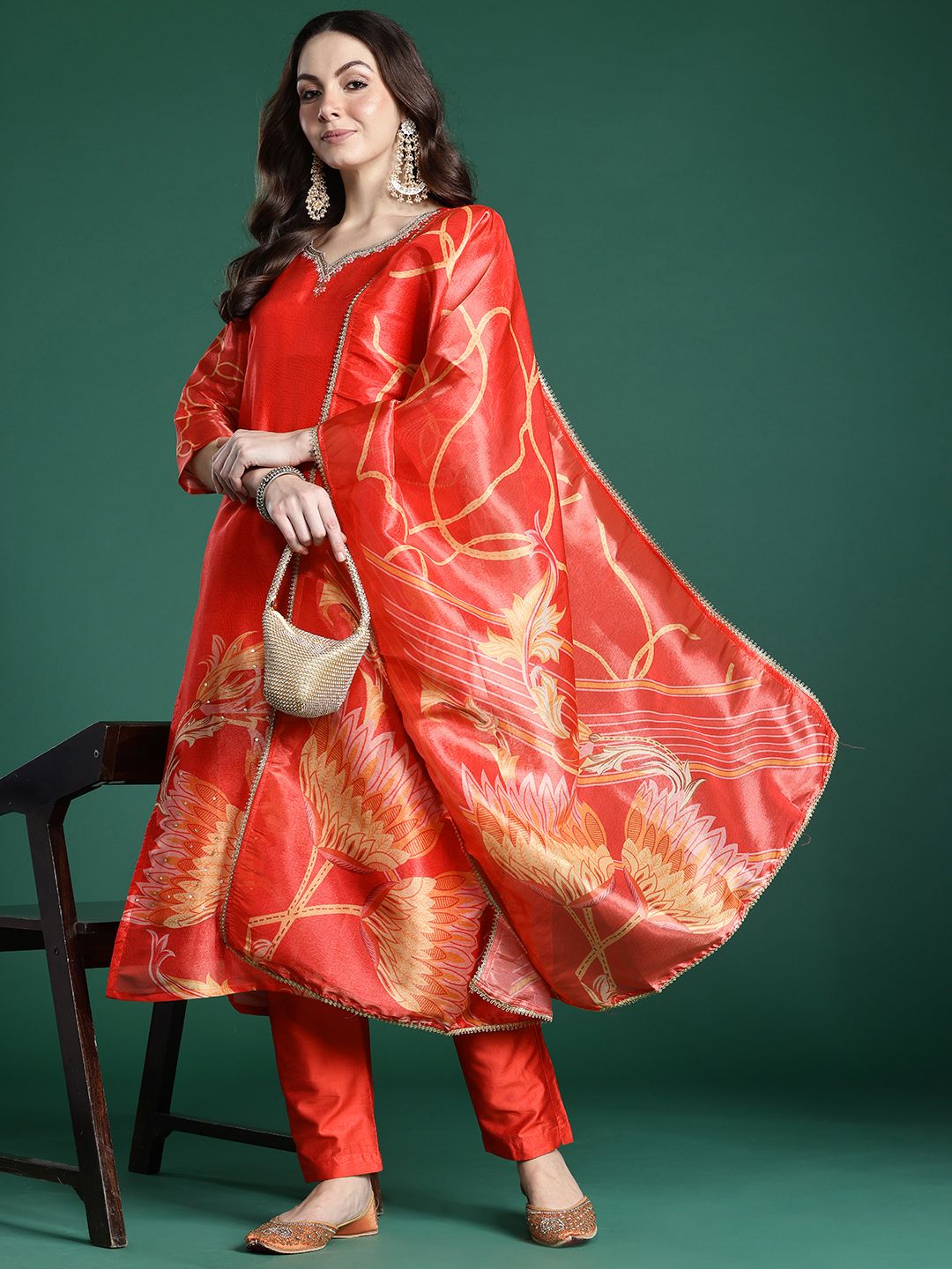 Dhiyona IE Floral Printed Sequinned Kurta with Trousers & Dupatta