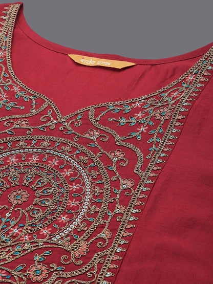 Dhiyona IE Floral Yoke Design Straight Sequined Kurta with Trousers & Dupatta