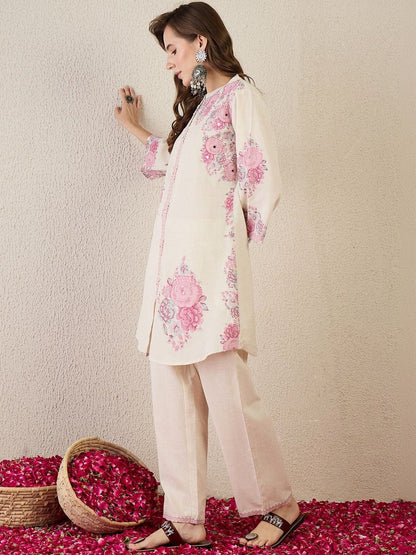 Women Floral Printed Regular Mirror Work Pure Cotton Kurta with Trousers