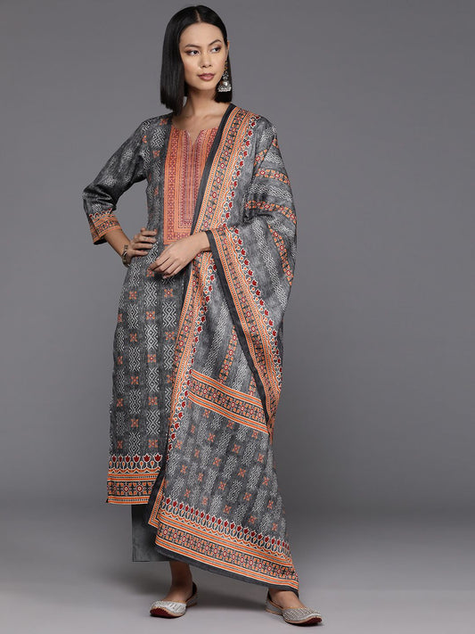 Dhiyona VA Women'sEthnic Motif Printed Wool Blended Winter Straight Kurta Set with Printed Dupatta