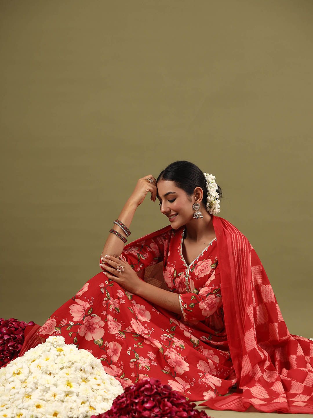 Floral Printed Empire Gotta Patti Pure Cotton Kurta with Trousers & Dupatta