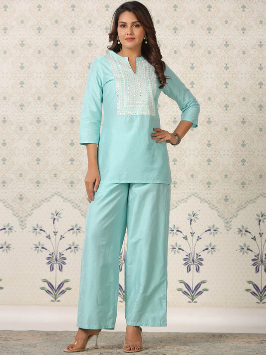 Dhiyona OD  Ethnic Motifs Embroidered Mirror Work Kurti with Palazzos