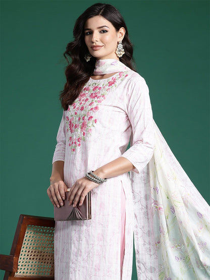 Dhiyona IE Embroidered Thread Work Pure Cotton Kurta With Trousers & Dupatta