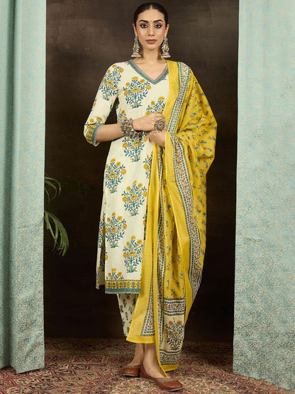 Dhiyona IE Women Floral Printed Cotton Kurta with Pyjama & Dupatta