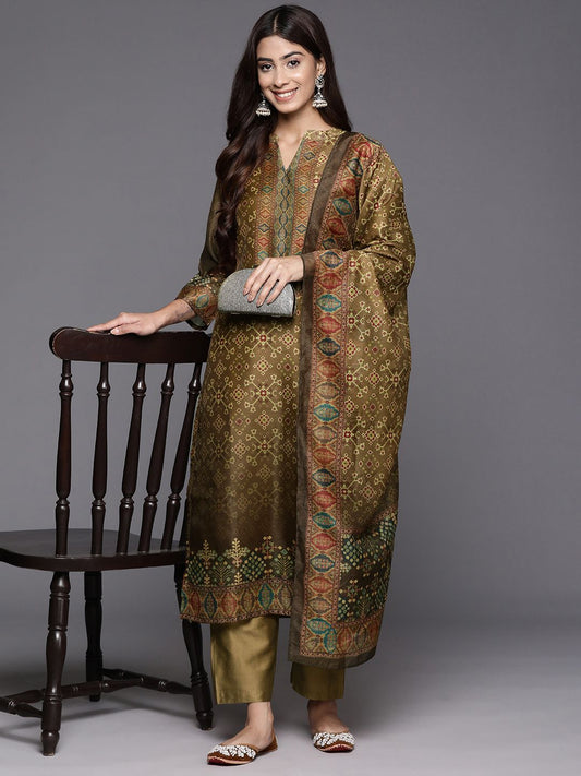 Dhiyona VA Women'sEthnic Motifs Printed Regular Chanderi Silk Kurta with Trousers & Dupatta