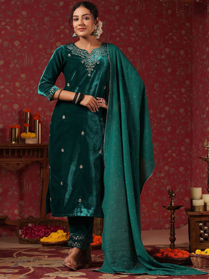 Dhiyona IS Women's Ethnic Motifs Embroidered Velvet Straight Kurta & Trousers With Dupatta