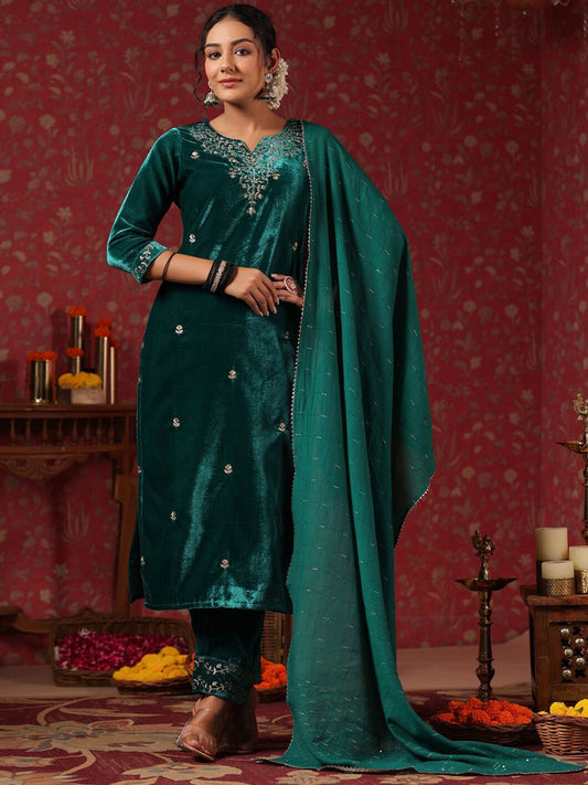 Dhiyona IS Women's Ethnic Motifs Embroidered Velvet Straight Kurta & Trousers With Dupatta