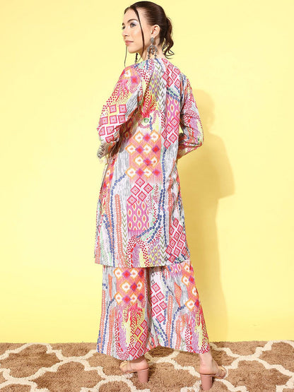 Dhiyona VA Women'sGrey & Pink Abstract Printed A-Line Kurta With Palazzos