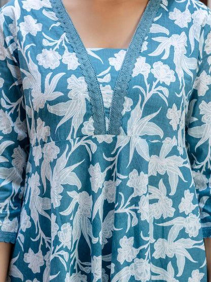 Floral Printed Square Neck Pure Cotton A-Line Kurta With Trousers & Dupatta