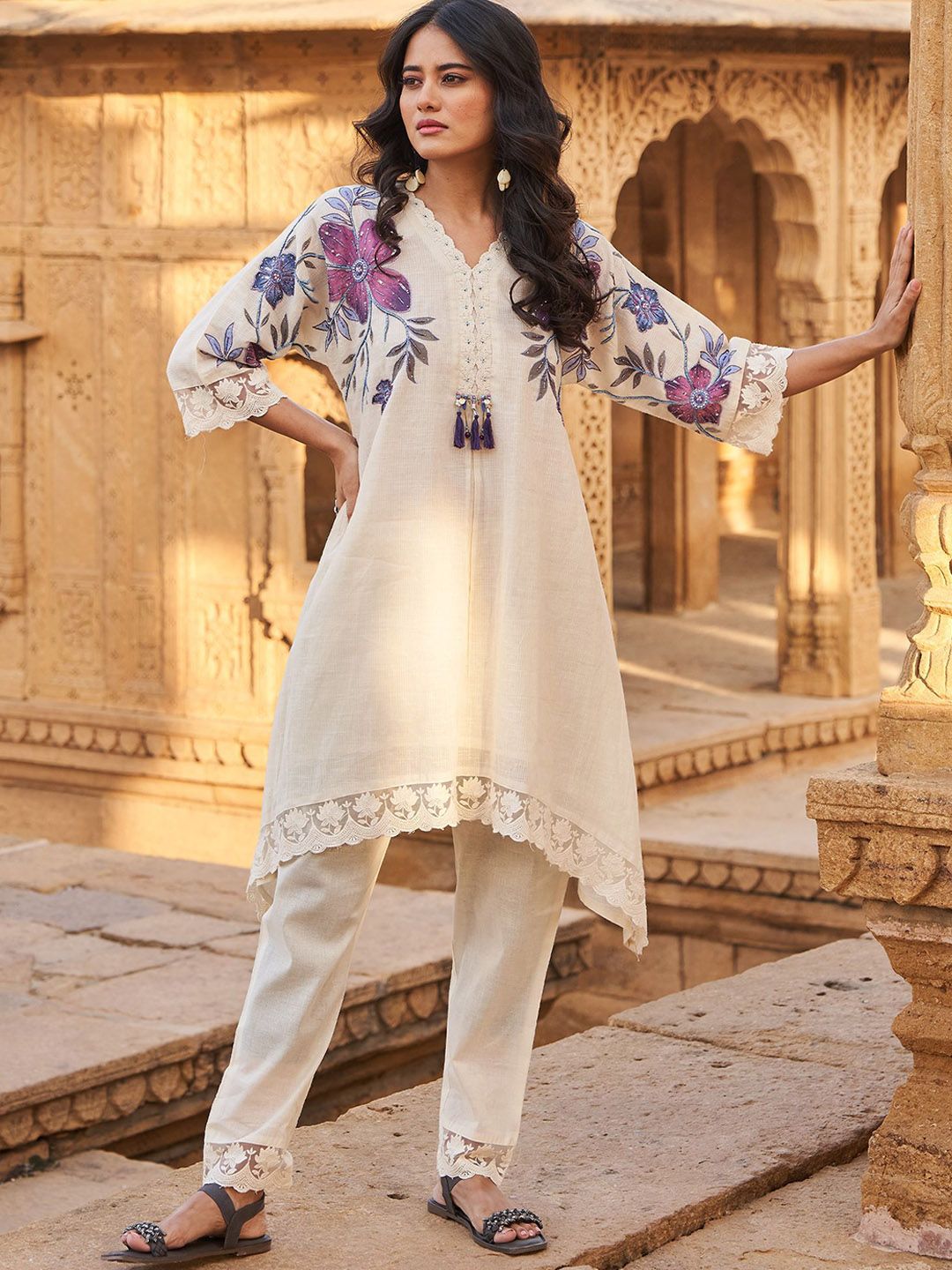Floral Printed Beads And Stones V-Neck A-Line Pure Cotton Kurta With Trousers