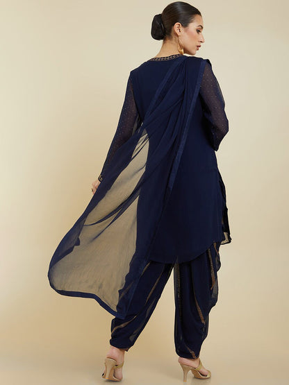 Dhiyona SO Women's Women Ethnic Motifs Silk Georgette Kurta with Dhoti Pants & With Dupatta