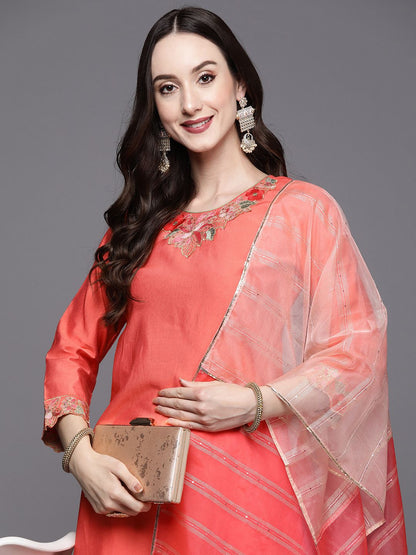 Dhiyona IE Women Pink Floral Embroidered Sequinned Liva Kurta With Palazzos & Dupatta