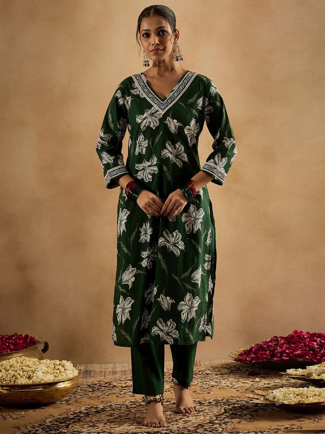 Floral Printed V-Neck Pure Cotton Straight Kurta With Trouser & Dupatta