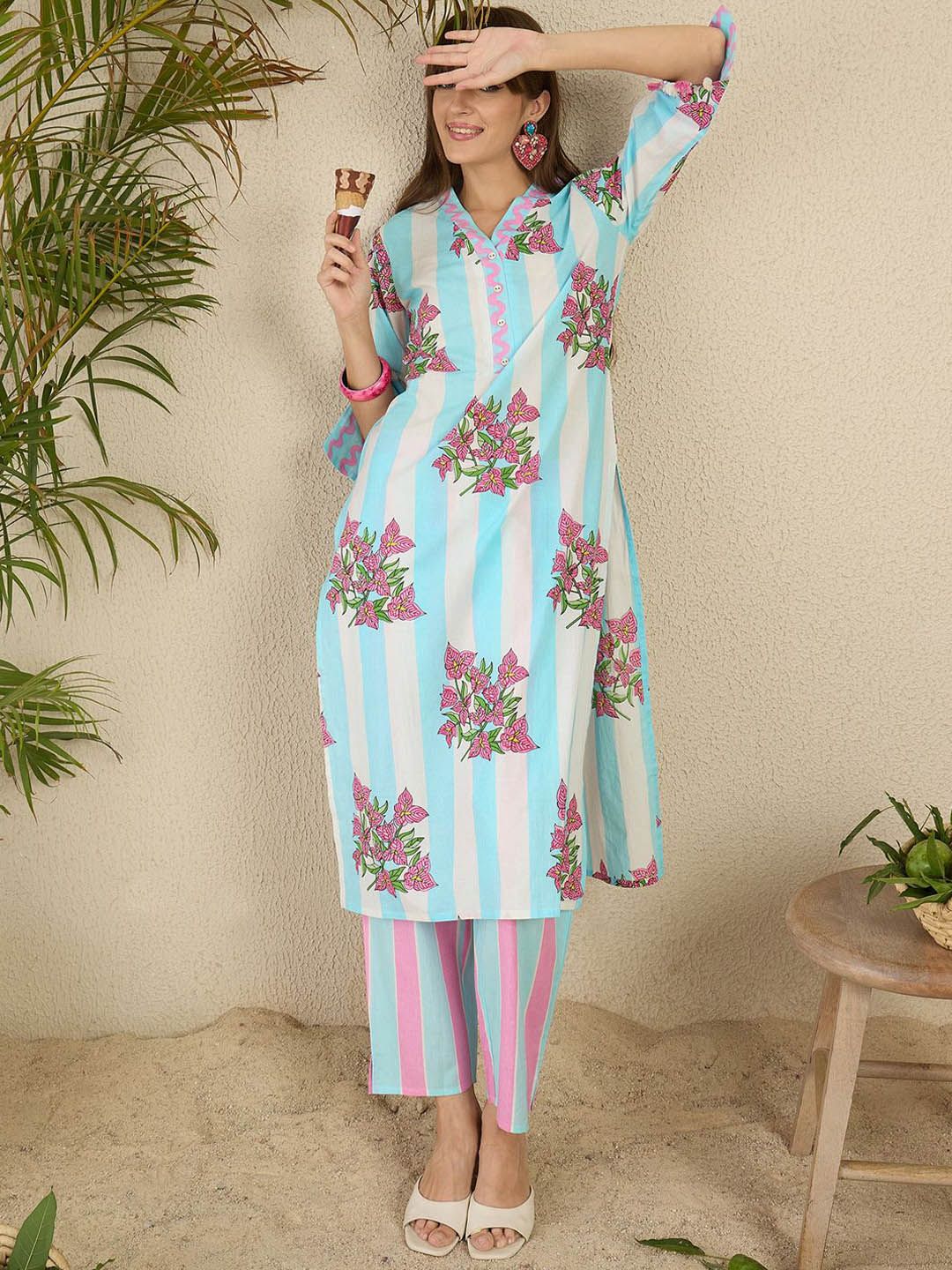 Floral Screen Printed V-Neck Pure Cotton Straight Kurta With Trousers