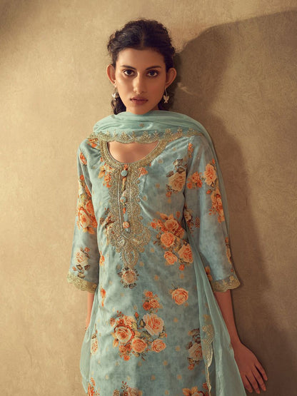 Dhiyona VA Women'sSea Green Floral Printed Round Neck Kurta with Trousers & Dupatta