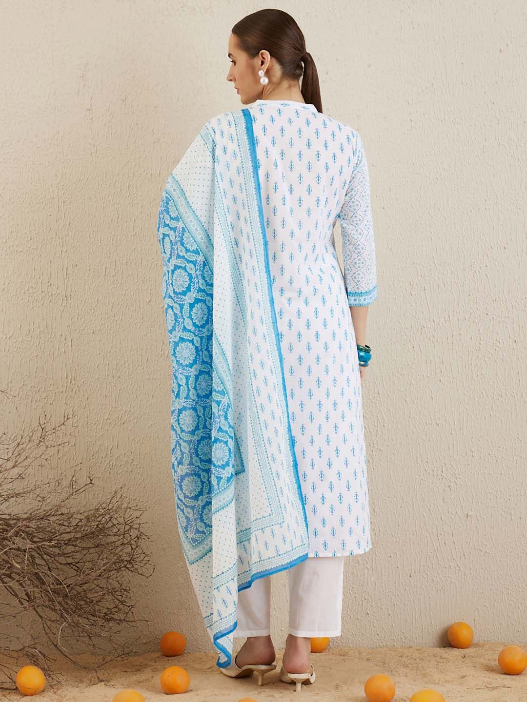 Dhiyona IE Ethnic Motifs Printed Mandarin Collar Cotton Straight Kurta & Trousers & Dupatta