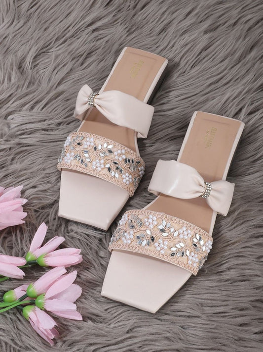 Dhiyona AK Cream-Coloured Embellished Ethnic Open Toe Flats